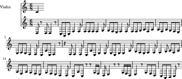 
<<
  \new Staff \with {
    instrumentName = "Violin"
    shortInstrumentName = "Vio"
  } 
\relative c c' {
\time 6/8
d8 r8 d8   d4 r8 |
c8 a, c f4 f8  |
f8 f f  f4 g8 |
g8 f e  f4 f8 |
f8 f g a8 f a |
a8 f a  g f e|
e f e  d4 d8 |
c#8 a c#8 d4 r8|
r4 d8  d4 d8 |
c8 a c  e4 e8|
e8 c e e4 a8|
g8 f e  f4 f8|
f4 g8  a8 f a |
a8 f a g8 f e |
g8 f e d4 d8|
c#8 a c#  d4 r8 |
r8 g16 f# e d  e4 r8 |
r8 g16 f# e d  e4 r8|
g8 f# e  d c# b,|
a,8 b, c#  d4 r8|
}
>>

\layout {
  indent = 3.0\cm
  short-indent = 1.5\cm
}
