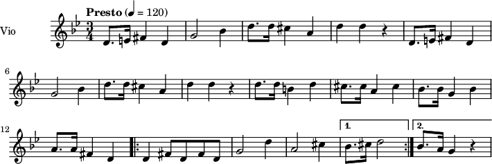  
\language "italiano"
 \header {
    tagline = "real folk" 
    title = "song"
    composer = "traditional"
  }
<<
  \new ChordNames \chordmode {
    \set chordChanges = ##t 
  }
  \new Staff = "violin" \with {
    instrumentName = "Vio"
    midiInstrument = "violin"
  }
\transpose do do' {
\time 3/4
\tempo "Presto" 4 = 120
\key sol \minor
re8. mi16 fad4 re4 | sol2 sib4 | re'8. re'16 dod'4 la | re'4 re' r4 |
re8. mi16 fad4 re4 | sol2 sib4 | re'8. re'16 dod'4 la | re'4 re' r4 |
re'8. re'16 si4 re'| dod'8. dod'16 la4 dod' | sib8. sib16 sol4 sib |
la8. la16 fad4 re |
\repeat volta 2 {re4 fad8 re fad re | sol2 re'4 | la2 dod'4 }
\alternative { {sib8. dod'16 re'2} {sib8. la16 sol4 r4} }
\addlyrics {}
}
>>
\layout {
  indent = 3.0\cm
  short-indent = 1.5\cm
  #(set-global-staff-size 14)
  papersize = "a5"
  pagenumber = "yes"
}
\midi {
    \context {
      \Score tempoWholesPerMinute = #(ly:make-moment 60 4)
    }
    \tempo 4 = 72
}
