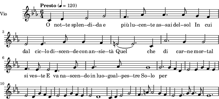  
\language "italiano"
<<
  \new ChordNames \chordmode {
    \set chordChanges = ##t 

  }

\new Staff = "violin" \with {
    instrumentName = "Vio"
    midiInstrument = "violin"
  }

\transpose do do' {
\time 6/4
\tempo "Presto" 4 = 120
\key do \minor
\set Staff.midiMinimumVolume = #0.7
\set Staff.midiMaximumVolume = #1.0

do4 re mib2 sol| fa4. lab8 lab4. lab8 sol4 fa | mib2 mib4. sol8 sol4 fa | mi2 (mi2.) do4|
lab2. sol4 sol2| fa4. mib8 mib2 re4. sol8 | sol4. lab8 sol1 | (sol2.) sol4 fa re |
mib2 mib4 sol fa mib| mib2 re4 sol fa re | mib2 mib4 sol fa mib|mib2 re1|
do4 re mib2 sol| fa4. la8 la2 sol4 fa| mib2 mib4. sol8 sol4. fa8 | mib1.|

}

\addlyrics {

O__ not--te splen--di--da e più lu--cen--te as--sai del--sol__ In
cui dal cic--lo di--scen--de con an--sie--tà Quel che di
car--ne mor--tal si ves--te E va na--scen--do in luo--goal--pes--tre
So--lo per sal--var--ci il cie--lo ab--ban--do--nò

}
>>
\layout {
  indent = 3.0\cm
  short-indent = 1.5\cm
}
\midi {}
