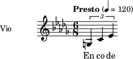  
\language "italiano"
<<
  \new ChordNames \chordmode {
    \set chordChanges = ##t 

  }

\new Staff = "violin" \with {
    instrumentName = "Vio"
    midiInstrument = "violin"
  }

\transpose do do'' {
\time 6/8
\tempo "Presto" 4 = 120
\key sib \minor
\set Staff.midiMinimumVolume = #0.7
\set Staff.midiMaximumVolume = #1.0

\times 2/3 {sol,, do, mib,} 

}

\addlyrics {
En co de l'éra gh'è un ca -- min che föma

}
>>
\layout {
  indent = 3.0\cm
  short-indent = 1.5\cm
}
\midi {}
