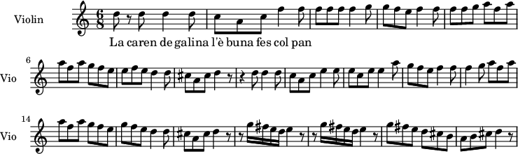 
  \new Staff \with {
    instrumentName = "Violin"
    shortInstrumentName = "Vio"
  } 
\transpose c c'' {
\time 6/8
d8 r8 d8   d4 d8 |
c8 a, c f4 f8  |
f8 f f  f4 g8 |
g8 f e  f4 f8 |
f8 f g a8 f a |
a8 f a  g f e|
e f e  d4 d8 |
cis8 a, cis8 d4 r8|
r4 d8  d4 d8 |
c8 a, c  e4 e8|
e8 c e e4 a8|
g8 f e  f4 f8|
f4 g8  a8 f a |
a8 f a g8 f e |
g8 f e d4 d8|
cis8 a, cis  d4 r8 |
r8 g16 fis e d  e4 r8 |
r8 g16 fis e d  e4 r8|
g8 fis e  d cis b,|
a,8 b, cis  d4 r8|
}
\addlyrics {
La caren de galina l'è buna fes col pan
}

\layout {
  indent = 3.0\cm
  short-indent = 1.5\cm
}
