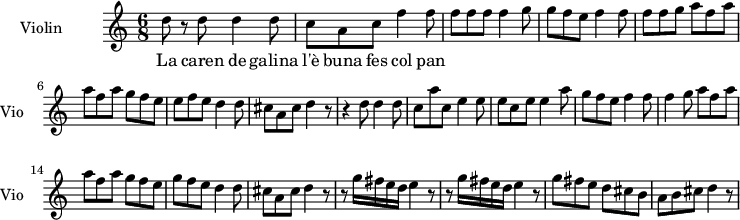 
  \new Staff \with {
    instrumentName = "Violin"
    shortInstrumentName = "Vio"
  } 
\transpose c c'' {
\time 6/8
d8 r8 d8   d4 d8 |
c8 a, c f4 f8  |
f8 f f  f4 g8 |
g8 f e  f4 f8 |
f8 f g a8 f a |
a8 f a  g f e|
e f e  d4 d8 |
cis8 a, cis8 d4 r8|
r4 d8  d4 d8 |
c8 a c  e4 e8|
e8 c e e4 a8|
g8 f e  f4 f8|
f4 g8  a8 f a |
a8 f a g8 f e |
g8 f e d4 d8|
cis8 a, cis  d4 r8 |
r8 g16 fis e d  e4 r8 |
r8 g16 fis e d  e4 r8|
g8 fis e  d cis b,|
a,8 b, cis  d4 r8|
}
\addlyrics {
La caren de galina l'è buna fes col pan
}

\layout {
  indent = 3.0\cm
  short-indent = 1.5\cm
}
