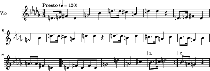  
\language "italiano"
 \header {
    tagline = "real folk" 
    title = "song"
    composer = "traditional"
  }
<<
  \new ChordNames \chordmode {
    \set chordChanges = ##t 
  }
  \new Staff = "violin" \with {
    instrumentName = "Vio"
    midiInstrument = "violin"
  }
\transpose do do' {
\time 3/4
\tempo "Presto" 4 = 120
\key sib \minor
re8. mi16 fad4 re4 | sol2 sib4 | re'8. re'16 dod'4 la | re'4 re' r4 |
re8. mi16 fad4 re4 | sol2 sib4 | re'8. re'16 dod'4 la | re'4 re' r4 |
re'8. re'16 si4 re'| dod'8. dod'16 la4 dod' | sib8. sib16 sol4 sib |
la8. la16 fad4 re |
\repeat volta 2 {re4 fad8 re fad re | sol2 re'4 | la2 dod'4 }
\alternative { {sib8. dod'16 re'2} {sib8. la16 sol4 r4} }
\addlyrics {}
}
>>
\layout {
  indent = 3.0\cm
  short-indent = 1.5\cm
  #(set-global-staff-size 14)
  papersize = "a5"
  pagenumber = "yes"
}
\midi {
    \context {
      \Score tempoWholesPerMinute = #(ly:make-moment 60 4)
    }
    \tempo 4 = 72
}
