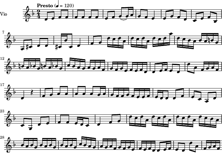  
\language "italiano"
 \header {
    tagline = "real folk" 
    title = "Kemal"
    composer = "Manos Hatzidakis"
  }
<<
  \new ChordNames \chordmode {
    \set chordChanges = ##t 

  }

\new Staff = "violin" \with {
    instrumentName = "Vio"
    midiInstrument = "violin"
  }

\transpose do do' {
\time 2/4
\tempo "Presto" 4 = 120
\key re \minor
\set Staff.midiMinimumVolume = #0.7
\set Staff.midiMaximumVolume = #1.0

re8 mi fa fa | fa fa fa fa | mi fa sol (sol16) la | sol8 fa mi4 |
mi8 sol fa re | do8 mi fa sib, | la,8 dod re re | dod16 sib dod8 re4|

fa8 sol re'16 do' re' la | re' do' re' la  re' do' re' la' |
re'16 do' sib la sib la si sol | si la sib sol si la sib sol |
do' sib la sol la sol la fa | sol fa sol mi fa mi fa re |
re8 mi16 fa mi8 re | re'8 la fa16 sol la fa| re4 r4 |

fa8 sol la la | la la la | sol16 la sol fa fa sol fa mi| mi fa mi re re8|
re8 fa mi do |  la, re do sol, | re mi fa fa | mi16 re do8 re4 | 

fa8 sol re'16 do' re' la | re'16 do' re' la re' do' re' la|
re'16 do' sib la sib la sib sol | sib la sib sol sib la sib sol|
do'16 sib la sol la sol la fa | sol fa sol mi fa mi fa re |
re8 mi16 fa mi8 re| re'8 la fa16 sol la fa|

}

\addlyrics {

}
>>
\layout {
  indent = 3.0\cm
  short-indent = 1.5\cm
  #(set-global-staff-size 14)
  papersize = "a5"
  pagenumber = "yes"
}
\midi {
    \context {
      \Score tempoWholesPerMinute = #(ly:make-moment 60 4)
    }
    \tempo 4 = 72
}
