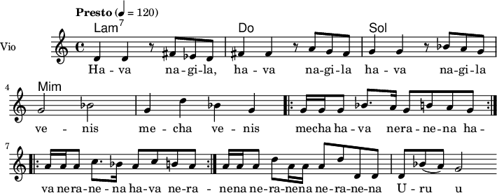  
\language "italiano"
 \header {
    tagline = "real folk" 
    title = "song"
    composer = "traditional"
  }
<<
  \new ChordNames \chordmode {
    \set chordChanges = ##t 
la1:m7 do sol mi:m
  }
\new Staff = "violin" \with {
    instrumentName = "Vio"
    midiInstrument = "violin"
  }
\transpose do do' {
\time 4/4
\tempo "Presto" 4 = 120
\key la \minor
re4 re r8 fad mib re | fad4 fad r8 la sol fad | sol4 sol r8 sib la sol |
% \alternative {{fad4 mib16 (re) mib4 fa2}{fad4 mib18 re mib8 re2}}
% \repeat volta 2 {fa8 fa4 mib8 re re re4 | mib8 mib4 re8 do do do4| do4 mib8. re16 do8 do8 sol4}
% \alternative {{fad4 mib16 (re) mi8 fa2}{fad4 mib16 (re) mib8 re2}}
sol2 sib | sol4 re' sib sol 
\repeat volta 2 {sol16 sol sol8 sib8. la16 sol8 si la sol}
\repeat volta 2 {la16 la la8 do'8. sib16 la8 do' si la }
la16 la la8 re' la16 la la8 re'8 re | re8 re sib (la) sol2 |
}
\addlyrics {
Ha -- va na -- gi -- la, ha -- va na -- gi -- la ha -- va na -- gi -- la ve -- nis me -- cha ve -- nis me -- cha
ha -- va ne -- ra -- ne -- na ha -- va ne -- ra -- ne -- na ha -- va ne -- ra -- ne -- na ne -- ra -- ne -- na
ne -- ra -- ne -- na U -- ru u -- ru  a -- chim u -- ru naa -- chim be -- lev ssa -- mey -- ach
a -- ru naa -- chim be -- lev ssa -- mey -- ach U -- ru naa -- chim be -- leb -- ssa -- mey -- arch
}
>>
\layout {
  indent = 3.0\cm
  short-indent = 1.5\cm
  #(set-global-staff-size 14)
  papersize = "a5"
  pagenumber = "yes"
}
\midi {
    \context {
      \Score tempoWholesPerMinute = #(ly:make-moment 60 4)
    }
    \tempo 4 = 72
}
