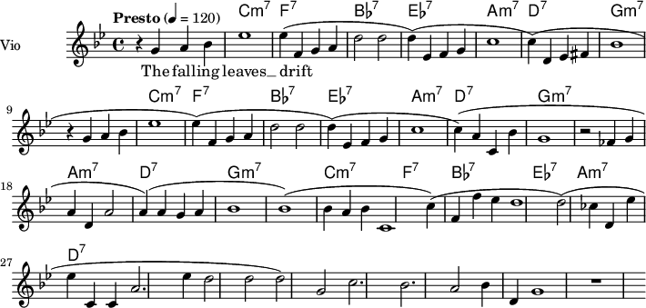  
<<
  \new ChordNames \chordmode {
    \set chordChanges = ##t 
R1 c:m7 f:7 bes:7 ees:7 a:m7 d:7
g1:m7 R1 c:m7 f:7 bes:7 ees:7 a:m7 d:7 g:m7 R1
a1:m7 d:7 g:m7 R1 c:m7 f:7 bes:7 ees:7 a:m7 d:7 
% g2:m7 c2:9 f2:m7 bes2:b7 ees1:b7 a2:m7 d2:7 g1:m7 g:7
}
\new Staff = "violin" \with {
    instrumentName = "Vio"
    midiInstrument = "violin"
  }

\transpose c c' {
\time 4/4
\tempo "Presto" 4 = 120
\key bes \major
\set Staff.midiMinimumVolume = #0.7
\set Staff.midiMaximumVolume = #1.0

r4 g4 a bes | ees'1 | (ees'4) f g a | d'2 d'2 | (d'4) ees f g | c'1 | (c'4) d ees fis | bes1|
r4 g4 a bes | ees'1 | (ees'4) f g a | d'2 d'2 | (d'4) ees f g | c'1 | (c'4) a c bes | g1|
r2 fes4 g | a4 d a2 | (a4) a g a | bes1 | (bes1) bes4 a bes | c1 | (c'4) f f' ees' | d'1 |
(d'2) ces'4 d | ees'4 ees' c c | a2. ees'4 | d'2 d'2 | (d'2) g|  c'2. bes| a2 bes4 d | g1 | r1 |


}

\addlyrics {
The fall -- ing leaves __ drift by my win dow __ The au -- tumn leaves __ of red and gold.
I see your lips __ the sum -- mer kiss -- es __ The sun -- burned hands __ I used to hold.
Since you went a -- way __ the days grow long, __ And soon I'll hear __ old win -- ter's song __ But I miss you most of all my dar __ ling. __ When au -- tumn leaves start to fall. 

}
>>
\layout {
  indent = 3.0\cm
  short-indent = 1.5\cm
}
\midi {}
