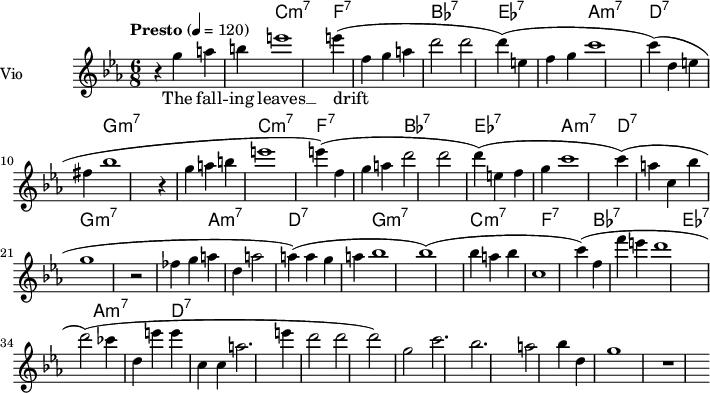  
<<
  \new ChordNames \chordmode {
    \set chordChanges = ##t 
R1 c:m7 f:7 bes:7 ees:7 a:m7 d:7
g1:m7 R1 c:m7 f:7 bes:7 ees:7 a:m7 d:7 g:m7 R1
a1:m7 d:7 g:m7 R1 c:m7 f:7 bes:7 ees:7 a:m7 d:7 
% g2:m7 c2:9 f2:m7 bes2:b7 ees1:b7 a2:m7 d2:7 g1:m7 g:7
}
\new Staff = "violin" \with {
    instrumentName = "Vio"
    midiInstrument = "violin"
  }

\transpose c c'' {
\time 6/8
\tempo "Presto" 4 = 120
\key ees \major
\set Staff.midiMinimumVolume = #0.7
\set Staff.midiMaximumVolume = #1.0

r4 g4 a b | e'1 | (e'4) f g a | d'2 d'2 | (d'4) e f g | c'1 | (c'4) d e fis | bes1|
r4 g4 a b | e'1 | (e'4) f g a | d'2 d'2 | (d'4) e f g | c'1 | (c'4) a c bes | g1|
r2 fes4 g | a4 d a2 | (a4) a g a | bes1 | (bes1) bes4 a bes | c1 | (c'4) f f' e' | d'1 |
(d'2) ces'4 d | e'4 e' c c | a2. e'4 | d'2 d'2 | (d'2) g|  c'2. bes| a2 bes4 d | g1 | r1 |


}

\addlyrics {
The fall -- ing leaves __ drift by my win dow __ The au -- tumn leaves __ of red and gold.
I see your lips __ the sum -- mer kiss -- es __ The sun -- burned hands __ I used to hold.
Since you went a -- way __ the days grow long, __ And soon I'll hear __ old win -- ter's song __ But I miss you most of all my dar __ ling. __ When au -- tumn leaves start to fall. 

}
>>
\layout {
  indent = 3.0\cm
  short-indent = 1.5\cm
}
\midi {}
