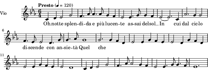  
\language "italiano"
 \header {
    tagline = "real folk" 
    title = "Oh notte splendida"
    composer = "trad."
  }
<<
  \new ChordNames \chordmode {
    \set chordChanges = ##t 

  }

\new Staff = "violin" \with {
    instrumentName = "Vio"
    midiInstrument = "violin"
  }

\transpose do do' {
\time 6/4
\tempo "Presto" 4 = 120
\key do \minor
\set Staff.midiMinimumVolume = #0.7
\set Staff.midiMaximumVolume = #1.0

do4 re mib2 sol|fa4. lab8 lab4. lab8 sol4 fa|mib2 mib4. sol8 sol4 fa|mib2 (mib2.) do4|
lab2. sol4 sol2| fa4. mib8 mib2 re4. sol8 | sol4. lab8 sol1 | (sol2.) sol4 fa re |
mib2 mib4 sol fa mib| mib2 re4 sol fa re | mib2 mib4 sol fa mib|mib2 re1|
do4 re mib2 sol| fa4. lab8 lab2 sol4 fa| mib2 mib4. sol8 sol4. fa8 | mib1.|

}

\addlyrics {

Oh __   not -- te splen -- di -- da e più lu -- cen -- te as -- sai del -- sol __ In
cui dal cic -- lo di -- scen -- de con an -- sie -- tà Quel che di
car -- ne mor -- tal si ves -- te E va na -- scen -- do in luo -- goal -- pes -- tre
So -- lo per sal -- var -- ci il cie -- lo ab -- ban -- do -- nò

}
>>
\layout {
  indent = 3.0\cm
  short-indent = 1.5\cm
  #(set-global-staff-size 14)
  papersize = "a5"
  pagenumber = "yes"
}
\midi {
    \context {
      \Score tempoWholesPerMinute = #(ly:make-moment 60 4)
    }
    \tempo 4 = 72
}
