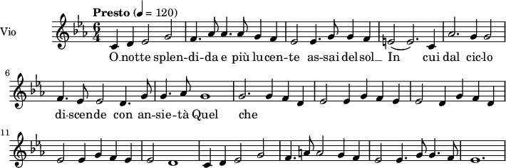  
\language "italiano"
<<
  \new ChordNames \chordmode {
    \set chordChanges = ##t 

  }

\new Staff = "violin" \with {
    instrumentName = "Vio"
    midiInstrument = "violin"
  }

\transpose do do' {
\time 6/4
\tempo "Presto" 4 = 120
\key do \minor
\set Staff.midiMinimumVolume = #0.7
\set Staff.midiMaximumVolume = #1.0

do4 re mib2 sol| fa4. lab8 lab4. lab8 sol4 fa | mib2 mib4. sol8 sol4 fa | mi2 (mi2.) do4|
lab2. sol4 sol2| fa4. mib8 mib2 re4. sol8 | sol4. lab8 sol1 | (sol2.) sol4 fa re |
mib2 mib4 sol fa mib| mib2 re4 sol fa re | mib2 mib4 sol fa mib|mib2 re1|
do4 re mib2 sol| fa4. la8 la2 sol4 fa| mib2 mib4. sol8 sol4. fa8 | mib1.|

}

\addlyrics {

O __ not -- te splen -- di -- da e più lu -- cen -- te as -- sai del -- sol __ In
cui dal cic -- lo di -- scen -- de con an -- sie -- tà Quel che di
car -- ne mor -- tal si ves -- te E va na -- scen -- do in luo -- goal -- pes -- tre
So -- lo per sal -- var -- ci il cie -- lo ab -- ban -- do -- nò

}
>>
\layout {
  indent = 3.0\cm
  short-indent = 1.5\cm
}
\midi {}
