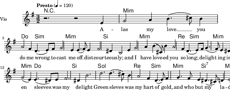 \language "italiano"
\header {
tagline = "real folk"
title = "Greensleeves"
composer = "traditional"
}
<<
\new ChordNames \chordmode {
\set chordChanges = ##t
r2. r2. mi2.:m mi:m do si:m mi:m mi:m si si |
mi2.:m mi:m re si:m mi:m si mi:m mi:m|
sol2. sol re si:m mi:m do si si |
sol2. sol re si:m mi:m si:7 mi:m mi:m
}
\new Staff = "violin" \with {
instrumentName = "Vio"
midiInstrument = "violin"
}
\transpose do do' {
\time 3/2
\tempo "Presto" 4 = 120
\key sol \major
r2. r2 mi4 | sol2 la4 si4. (dod'8) si4 | la2 fad4 re4. (mi8) fad | sol2 mi4 mi4. (fad8) mi4 | fad2 red4 si,2 mi4|
sol2 la4 si4. (dod8) si4 | la2 fad4 re4. (mi8) fad | sol4. (fad8) mi4 red4. dod8 red4| mi2 mi4 mi2.|
re'2. re'4. (dod'8) si4 | la2 fad re4. (mi8 fad4) | sol2 (mi4) mi4. (red8) mi | fad2. red4 si2.|
re'2. re'4. (dod'8) si4 | la2 fad4 re4. (mi8) fad4| sol4. fad8 mi4 red4. (dod8) re4 | mi2 (mi4) mi2.|
}
\addlyrics {
A -- las my love __ you do me wrong __ to cast me off __ dist -- cour -- teous -- ly; and
I have love -- ed you so long; __ de -- light ing in __ your com -- pa -- ny.
Green -- sleeves __ was all my joy, __ Gre -- en sleeves __ was my de -- light
Green -- sleves was my hart of gold, __ and who but my la -- dy Gre -- en sleeves
}
>>
\layout {
indent = 3.0\cm
short-indent = 1.5\cm
#(set-global-staff-size 14)
papersize = "a5"
pagenumber = "yes"
}
\midi {
\context {
\Score tempoWholesPerMinute = #(ly:make-moment 60 4)
}
\tempo 4 = 72
}