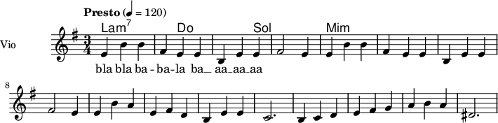 \language "italiano"
\header {
tagline = "real folk"
title = "song"
composer = "traditional"
}
<<
\new ChordNames \chordmode {
\set chordChanges = ##t
la1:m7 do sol mi:m
}
\new Staff = "violin" \with {
instrumentName = "Vio"
midiInstrument = "violin"
}
\transpose do do' {
\time 3/4
\tempo "Presto" 4 = 120
\key mi \minor
mi4 si si| fad mi mi | si, mi mi| fad2 mi4|
mi4 si si| fad mi mi | si, mi mi| fad2 mi4|
mi4 si la| mi fad re | si, mi mi| do2. |
si,4 do re| mi fad sol| la si la| red2.|
}
\addlyrics {
bla bla ba -- ba -- la ba __ aa __ aa __ aa
}
>>
\layout {
indent = 3.0\cm
short-indent = 1.5\cm
#(set-global-staff-size 14)
papersize = "a5"
pagenumber = "yes"
}
\midi {
\context {
\Score tempoWholesPerMinute = #(ly:make-moment 60 4)
}
\tempo 4 = 72
}