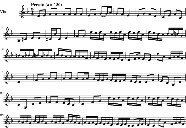 \language "italiano"
 \header {
    tagline = "real folk" 
    title = "Kemal"
    composer = "Manos Hatzidakis"
  }
<<
  \new ChordNames \chordmode {
    \set chordChanges = ##t 
  }
\new Staff = "violin" \with {
    instrumentName = "Vio"
    midiInstrument = "violin"
  }
\transpose do do' {
\time 2/4
\tempo "Presto" 4 = 120
\key re \minor
\set Staff.midiMinimumVolume = #0.7
\set Staff.midiMaximumVolume = #1.0
re8 mi fa fa | fa fa fa fa | mi fa sol (sol16) la | sol8 fa mi4 |
mi8 sol fa re | do8 mi fa sib, | la,8 dod re re | dod16 sib dod8 re4|
fa8 sol re'16 do' re' la | re' do' re' la  re' do' re' la |
re'16 do' sib la sib la si sol | si la sib sol si la sib sol |
do' sib la sol la sol la fa | sol fa sol mi fa mi fa re |
re8 mi16 fa mi8 re | re'8 la fa16 sol la fa| re4 r4 |
fa8 sol la la | la la la | sol16 la sol fa fa sol fa mi| mi fa mi re re8|
re8 fa mi do |  la, re do sol, | re mi fa fa | mi16 re do8 re4 | 
fa8 sol re'16 do' re' la | re'16 do' re' la re' do' re' la|
re'16 do' sib la sib la sib sol | sib la sib sol sib la sib sol|
do'16 sib la sol la sol la fa | sol fa sol mi fa mi fa re |
re8 mi16 fa mi8 re| re'8 la fa16 sol la fa|
}
\addlyrics {
}
>>
\layout {
  indent = 3.0\cm
  short-indent = 1.5\cm
  #(set-global-staff-size 14)
  papersize = "a5"
  pagenumber = "yes"
}
\midi {
    \context {
      \Score tempoWholesPerMinute = #(ly:make-moment 60 4)
    }
    \tempo 4 = 72
}