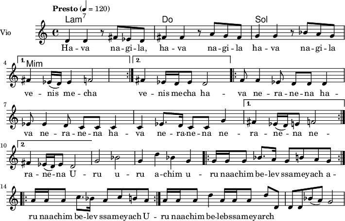 \language "italiano"
\header {
tagline = "real folk"
title = "song"
composer = "traditional"
}
<<
\new ChordNames \chordmode {
\set chordChanges = ##t
la1:m7 do sol mi:m
}
\new Staff = "violin" \with {
instrumentName = "Vio"
midiInstrument = "violin"
}
\transpose do do' {
\time 4/4
\tempo "Presto" 4 = 120
\key la \minor
\repeat volta 2 {re4 re r8 fad mib re | fad4 fad r8 la sol fad | sol4 sol r8 sib la sol}
\alternative {{fad4 mib16 (re) mib4 fa2}{fad4 mib16 re mib8 re2}}
\repeat volta 2 {fa8 fa4 mib8 re re re4 | mib8 mib4 re8 do do do4| do4 mib8. re16 do8 do8 sol4}
\alternative {{fad4 mib16 (re) mi8 fa2}{fad4 mib16 (re) mib8 re2}}
sol2 sib | sol4 re' sib sol
\repeat volta 2 {sol16 sol sol8 sib8. la16 sol8 si la sol}
\repeat volta 2 {la16 la la8 do'8. sib16 la8 do' si la }
la16 la la8 re'4 la16 la la8 re'8 re | re8 re sib (la) sol2 |
}
\addlyrics {
Ha -- va na -- gi -- la, ha -- va na -- gi -- la ha -- va na -- gi -- la ve -- nis me -- cha ve -- nis me -- cha
ha -- va ne -- ra -- ne -- na ha -- va ne -- ra -- ne -- na ha -- va ne -- ra -- ne -- na ne -- ra -- ne -- na
ne -- ra -- ne -- na U -- ru u -- ru a -- chim u -- ru naa -- chim be -- lev ssa -- mey -- ach
a -- ru naa -- chim be -- lev ssa -- mey -- ach U -- ru naa -- chim be -- leb -- ssa -- mey -- arch
}
>>
\layout {
indent = 3.0\cm
short-indent = 1.5\cm
#(set-global-staff-size 14)
papersize = "a5"
pagenumber = "yes"
}
\midi {
\context {
\Score tempoWholesPerMinute = #(ly:make-moment 60 4)
}
\tempo 4 = 72
}