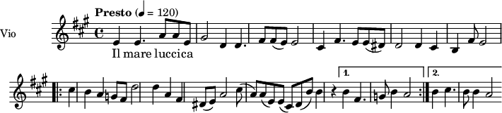 \language "italiano"
\header {
tagline = "real folk"
title = "santa lucia"
composer = "traditional"
}
<<
\new ChordNames \chordmode {
\set chordChanges = ##t
}
\new Staff = "violin" \with {
instrumentName = "Vio"
midiInstrument = "violin"
}
\transpose do do' {
\time 4/4
\tempo "Presto" 4 = 120
\key la \major
mi4 mi4. la8 | la8 mi sold2 | re4 re4. fad8 | fad8 (mi) mi2 | dod4 fad4. mi8 |
mi8 (red) re2 | re4 dod si, | fad8 mi2 |
\repeat volta 2 {dod'4 si la | sol8 fad re'2 | re'4 la fad | red8 (mi) la2 |
dod'8 (la) la (mi) mi (dod) | re8 (si) si4 r4 |}
\alternative{{si4 fad4. sol8 | si4 la2}{si4 dod'4. si8 | si4 la2}}
}
\addlyrics {
Il mare luc -- ci -- ca
}
>>
\layout {
indent = 3.0\cm
short-indent = 1.5\cm
#(set-global-staff-size 14)
papersize = "a5"
pagenumber = "yes"
}
\midi {
\context {
\Score tempoWholesPerMinute = #(ly:make-moment 60 4)
}
\tempo 4 = 72
}