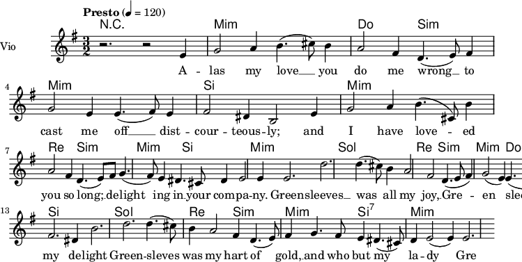 \language "italiano"
\header {
tagline = "real folk"
title = "Greensleeves"
composer = "traditional"
}
<<
\new ChordNames \chordmode {
\set chordChanges = ##t
r2. r2. mi2.:m mi:m do si:m mi:m mi:m si si |
mi2.:m mi:m re si:m mi:m si mi:m mi:m|
sol2. sol re si:m mi:m do si si |
sol2. sol re si:m mi:m si:7 mi:m mi:m
}
\new Staff = "violin" \with {
instrumentName = "Vio"
midiInstrument = "violin"
}
\transpose do do' {
\time 3/2
\tempo "Presto" 4 = 120
\key sol \major
r2. r2 mi4 | sol2 la4 si4. (dod'8) si4 | la2 fad4 re4. (mi8) fad4 | sol2 mi4 mi4. (fad8) mi4 | fad2 red4 si,2 mi4|
sol2 la4 si4. (dod8) si4 | la2 fad4 re4. (mi8) fad | sol4. (fad8) mi4 red4. dod8 red4| mi2 mi4 mi2.|
re'2. re'4. (dod'8) si4 | la2 fad re4. (mi8 fad4) | sol2 (mi4) mi4. (red8) mi | fad2. red4 si2.|
re'2. re'4. (dod'8) si4 | la2 fad4 re4. (mi8) fad4| sol4. fad8 mi4 red4. (dod8) re4 | mi2 (mi4) mi2.|
}
\addlyrics {
A -- las my love __ you do me wrong __ to cast me off __ dist -- cour -- teous -- ly; and
I have love -- ed you so long; __ de -- light ing in __ your com -- pa -- ny.
Green -- sleeves __ was all my joy, __ Gre -- en sleeves __ was my de -- light
Green -- sleves was my hart of gold, __ and who but my la -- dy Gre -- en sleeves
}
>>
\layout {
indent = 3.0\cm
short-indent = 1.5\cm
#(set-global-staff-size 14)
papersize = "a5"
pagenumber = "yes"
}
\midi {
\context {
\Score tempoWholesPerMinute = #(ly:make-moment 60 4)
}
\tempo 4 = 72
}