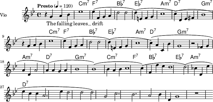 <<
\new ChordNames \chordmode {
\set chordChanges = ##t
R1 c:m7 f:7 bes:7 ees:7 a:m7 d:7
g1:m7 R1 c:m7 f:7 bes:7 ees:7 a:m7 d:7 g:m7 R1
a1:m7 d:7 g:m7 R1 c:m7 f:7 bes:7 ees:7 a:m7 d:7
% g2:m7 c2:9 f2:m7 bes2:b7 ees1:b7 a2:m7 d2:7 g1:m7 g:7
}
\new Staff = "violin" \with {
instrumentName = "Vio"
midiInstrument = "violin"
}
\transpose c c' {
\time 4/4
\tempo "Presto" 4 = 120
\key bes \major
\set Staff.midiMinimumVolume = #0.7
\set Staff.midiMaximumVolume = #1.0
r4 g4 a bes | ees'1 | (ees'4) f g a | d'2 d'2 | (d'4) e f g | c'1 | (c'4) d ees fis | bes1|
r4 g4 a bes | ees'1 | (ees'4) f g a | d'2 d'2 | (d'4) e f g | c'1 | (c'4) a c bes | g1|
r2 fes4 g | a4 d a2 | (a4) a g a | bes1 | (bes1) bes4 a bes | c'1 | (c'4) f f' ees' | d'1 |
(d'2) ces'4 d | ees'4 ees' c' c' | a2. ees'4 | d'2 d'2 | (d'2) g| c'2. bes| a2 bes4 d | g1 | r1 |
}
\addlyrics {
The fall -- ing leaves __ drift by my win dow __ The au -- tumn leaves __ of red and gold.
I see your lips __ the sum -- mer kiss -- es __ The sun -- burned hands __ I used to hold.
Since you went a -- way __ the days grow long, __ And soon I'll hear __ old win -- ter's song __ But I miss you most of all my dar __ ling. __ When au -- tumn leaves start to fall.
}
>>
\layout {
indent = 3.0\cm
short-indent = 1.5\cm
}
\midi {}